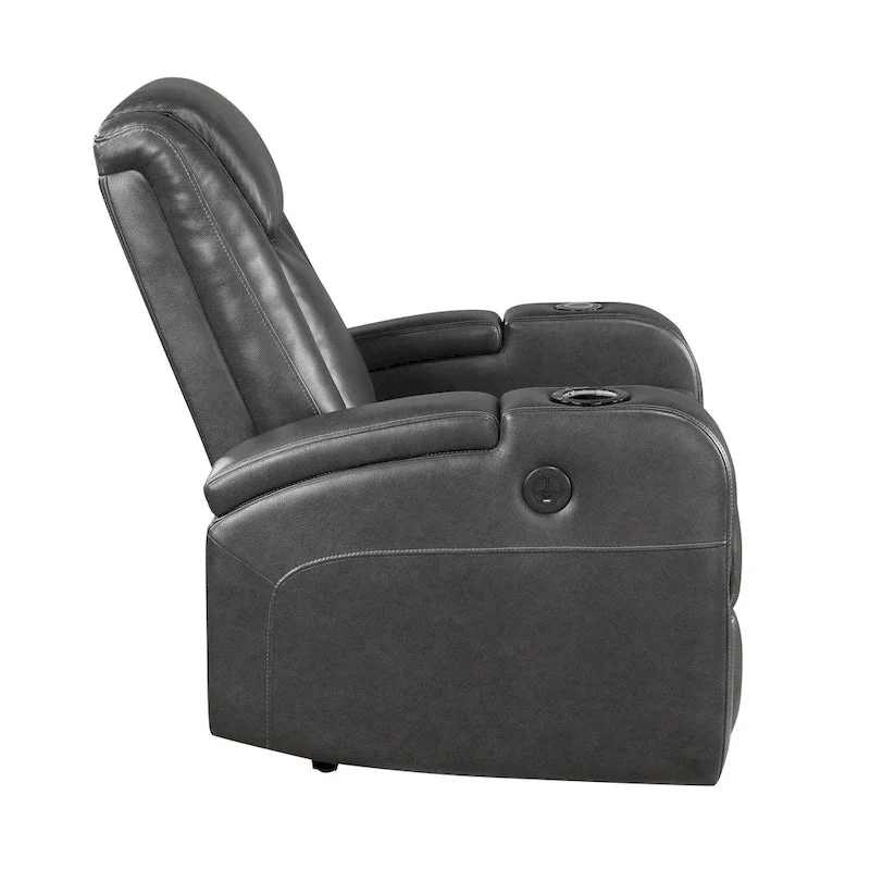 Emily 38 Inch Power Recliner Chair, Cooling Cupholder, LED, Gray PU Leather