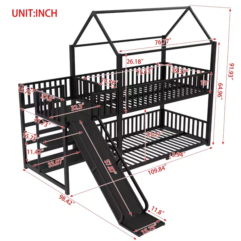 Bellemave House Bunk Bed with Storage Stairs and Slide, Metal House Bunk Bed Frame with Safety Rails for Kids and Teens, Black