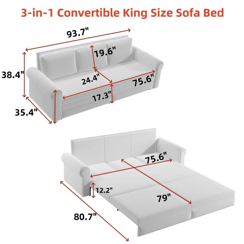 3-in-1 Chesterfield Sofa Bed, King Pull Out Sofa Bed, Velvet/Faux Leather Convertible Sleeper Sofa w/ Nailhead Trim & Rolled Arm
