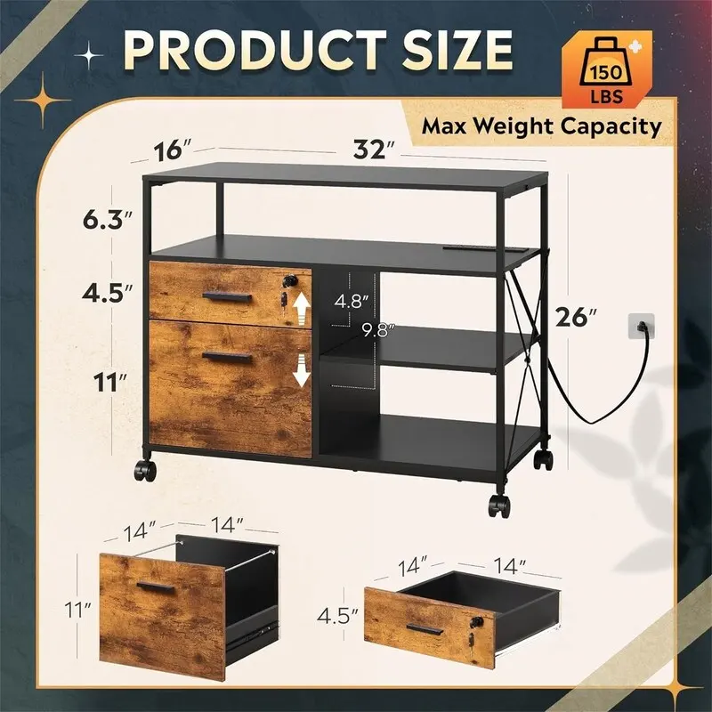2 Drawer Locking File Cabinet with Charging Station - 15.7 D x 31.7 W x 26.1 H