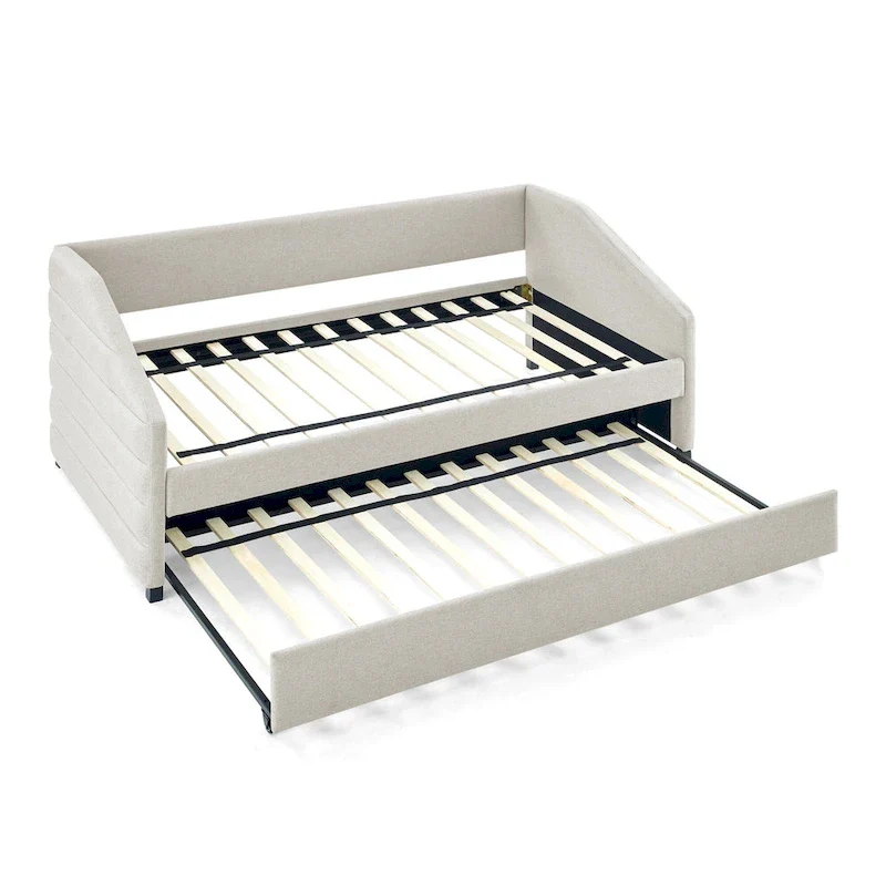 Beige Twin Linen Daybed with Pull-Out Trundle