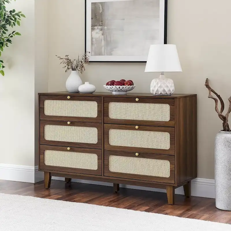 6-Drawer Rattan Wood Dresser