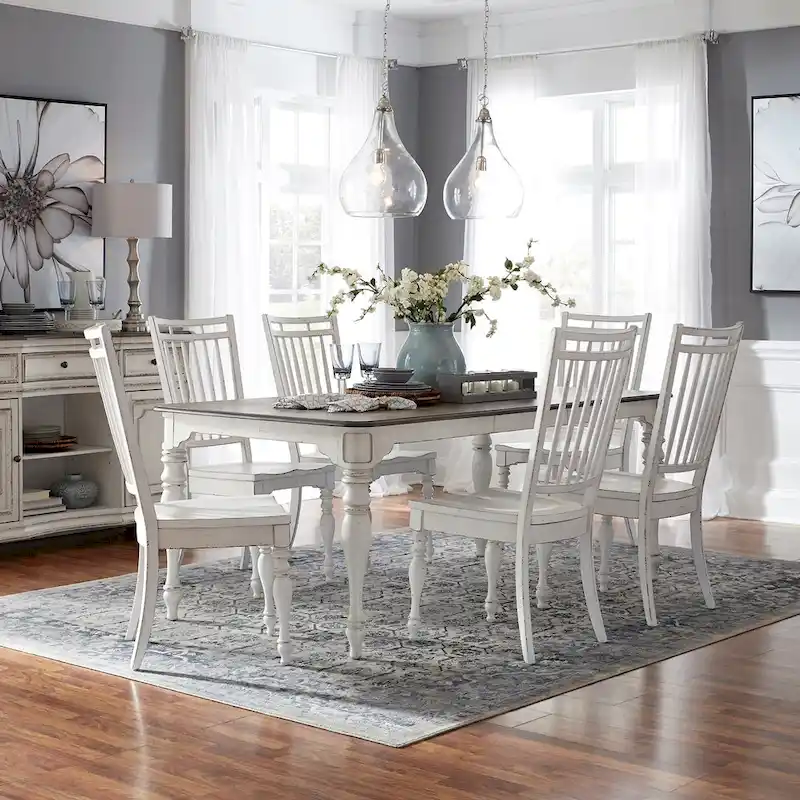 Antique White 7-Piece Dining Set with Leg Table and 6 Chairs