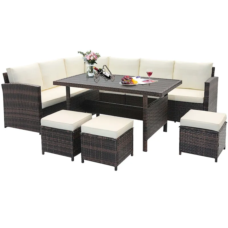 7 PCS Patio Furniture Rattan Set Conversation Sofa Coffee Table
