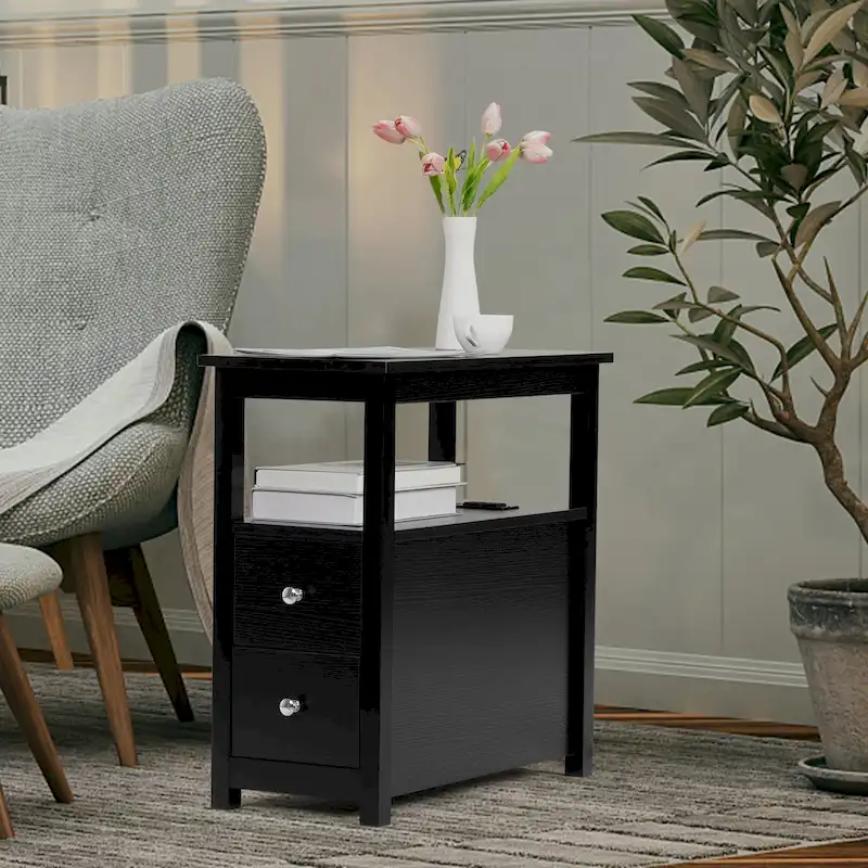 Black / White MDF End Table with Charging Station, Single Nightstand
