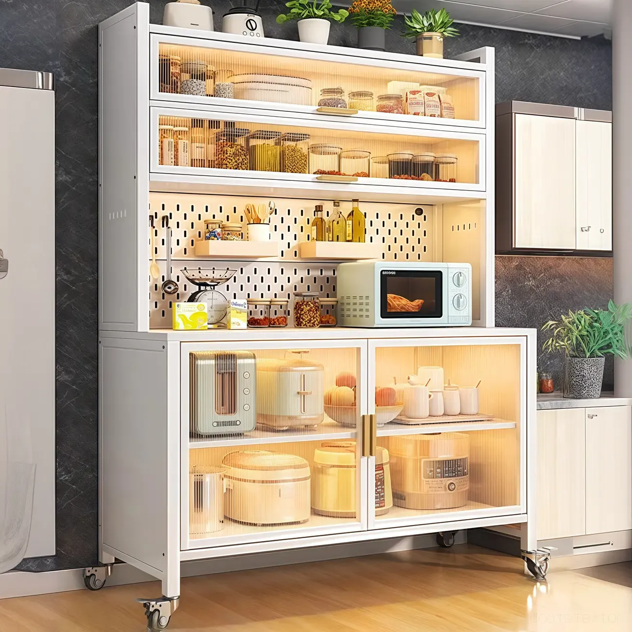 Mobile Metal Open Storage Sideboard with Glass Doors