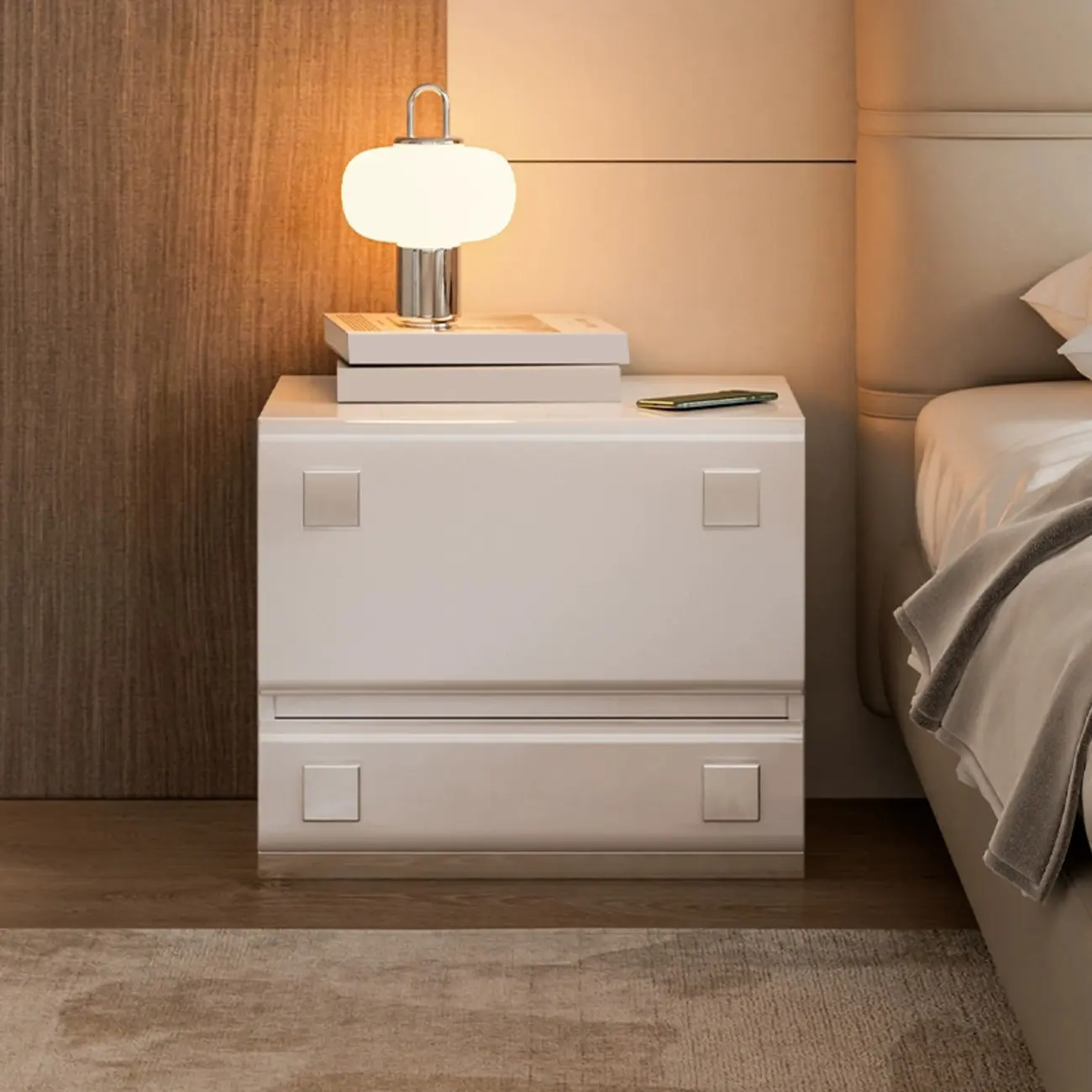 Modern Glossy Wood Metal 2-Drawer Nightstand
