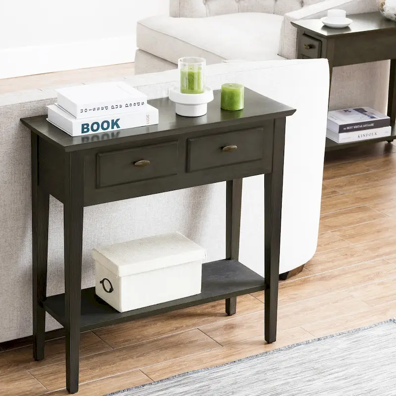 Solid Ash Wood Console Table with 2 Drawers & Open Shelf – 2 Finishes