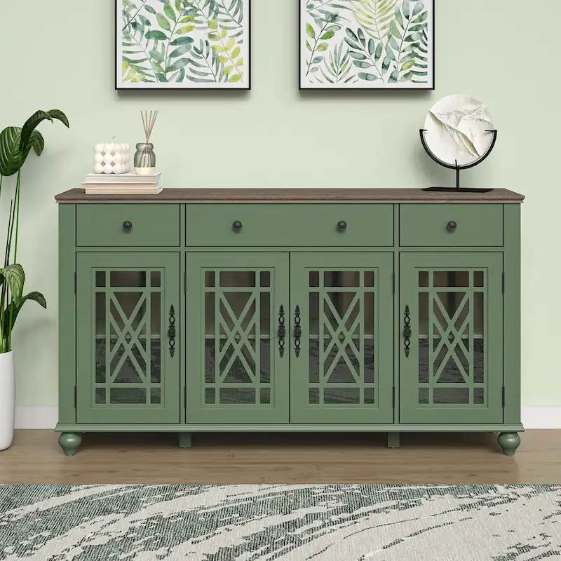 Grayish-White / Green / Navy Vintage Buffet Sideboard Cabinet, 3 Drawers & Glass Doors, 1-Household
