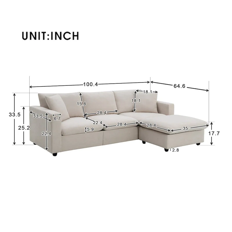 Modern 4-Seat L-Shaped Sectional Sofa, with 2 Free pillows, Convertible Ottoman