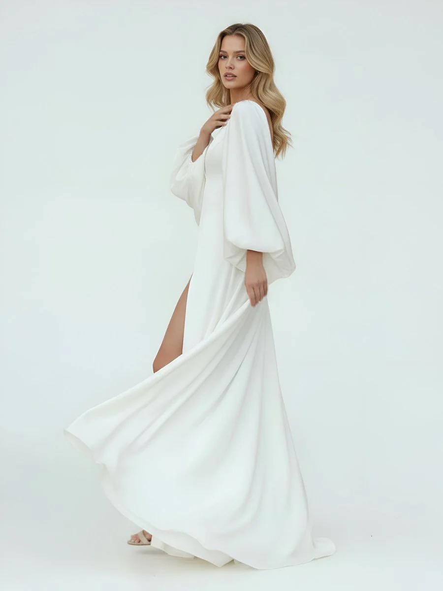 White Satin Simple A-Line Long Wedding Dress with Slit