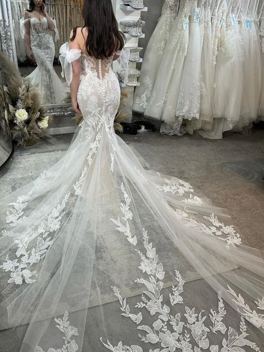 Princess Mermaid Off the Shoulder Lace Appliques Wedding Dresses