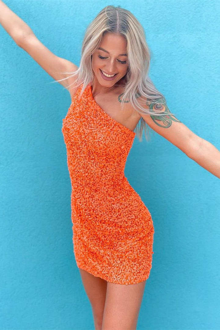 Hot Pink Sheath One Shoulder Sequins Mini Party Dresses