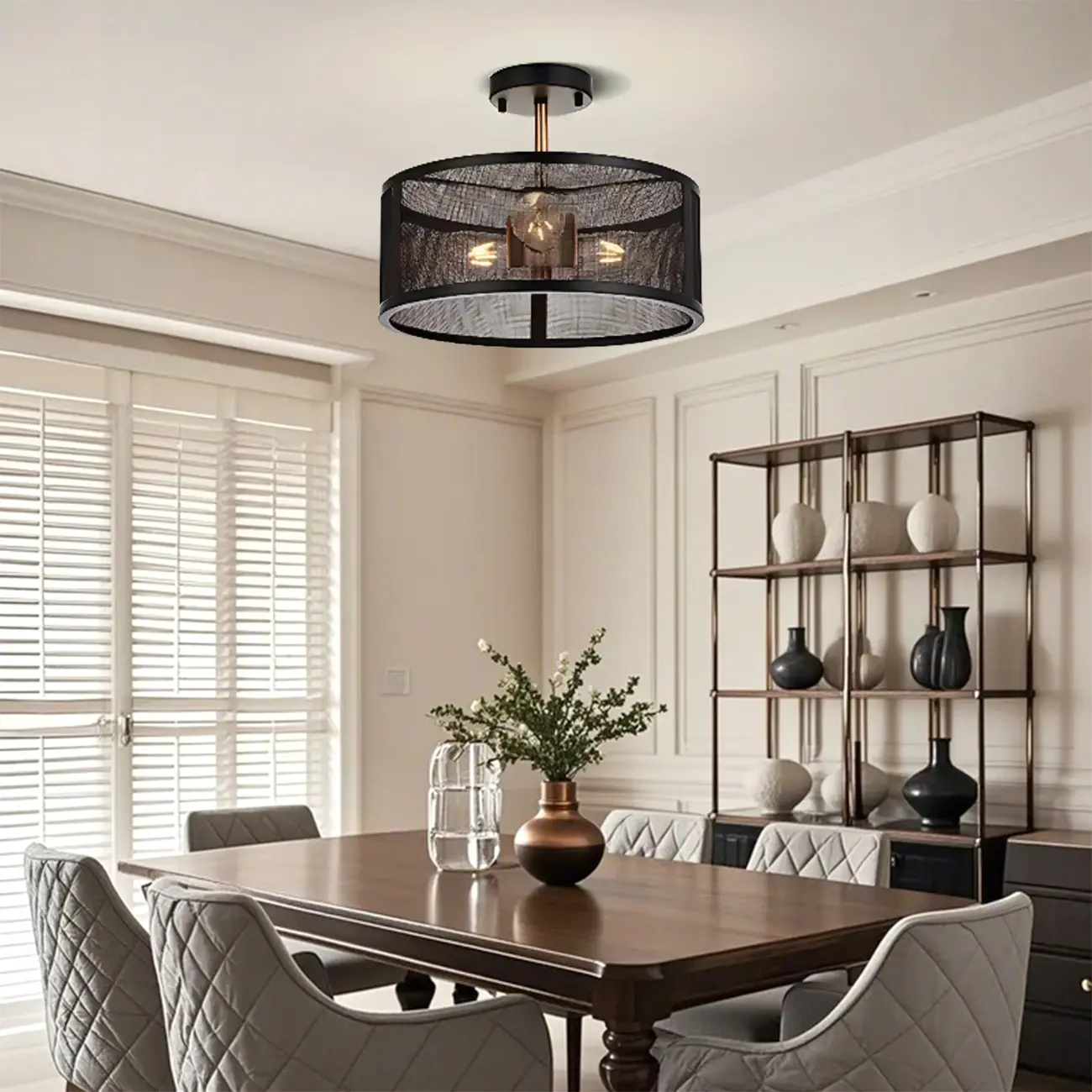 Modern Black Metal Hollow Cylinder Semi Flush Ceiling Light