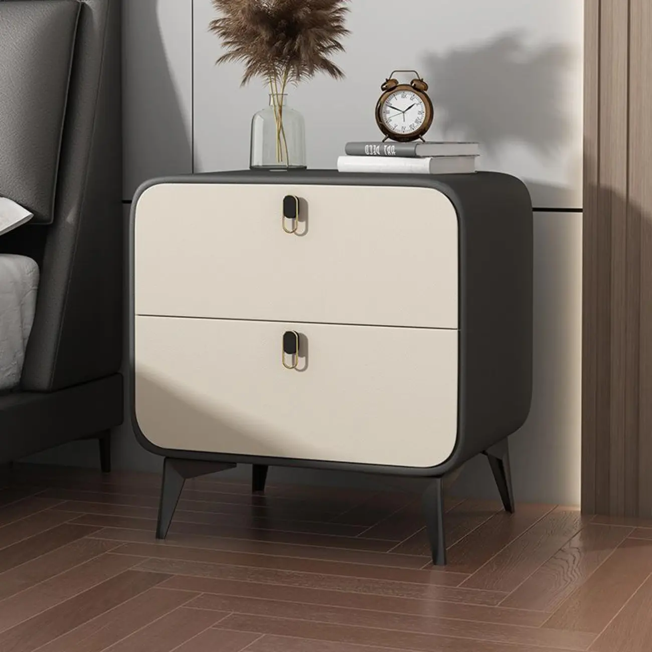 Scandinavian Leather 2 Drawers Wood Nightstand
