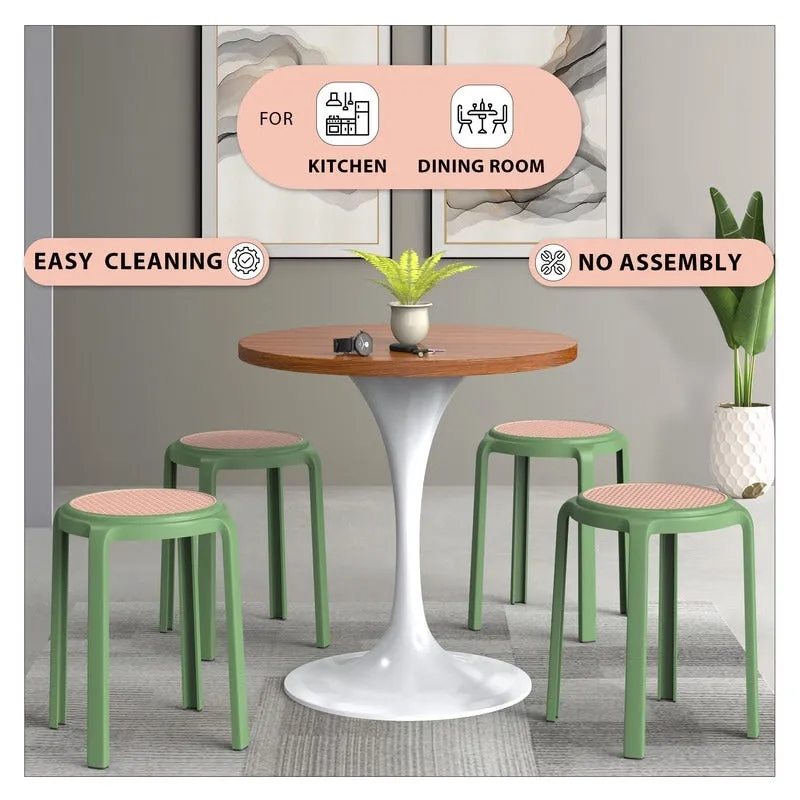 Round Plastic Dining Stool with Wicker Top Tresse Series by LeisureMod - 17.7 H x 13.4 W x 13.4 D