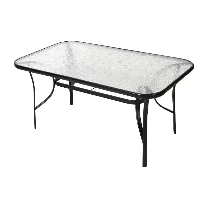 Emma and Oliver Rectangular Tempered Glass Top Patio Table with Umbrella Hole and Black Steel Tube Frame