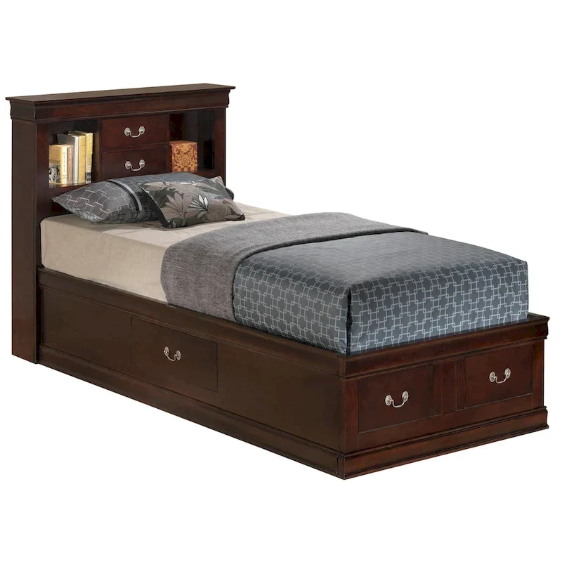 Storage Bed with Bookcase Headboard and Multiple Drawers