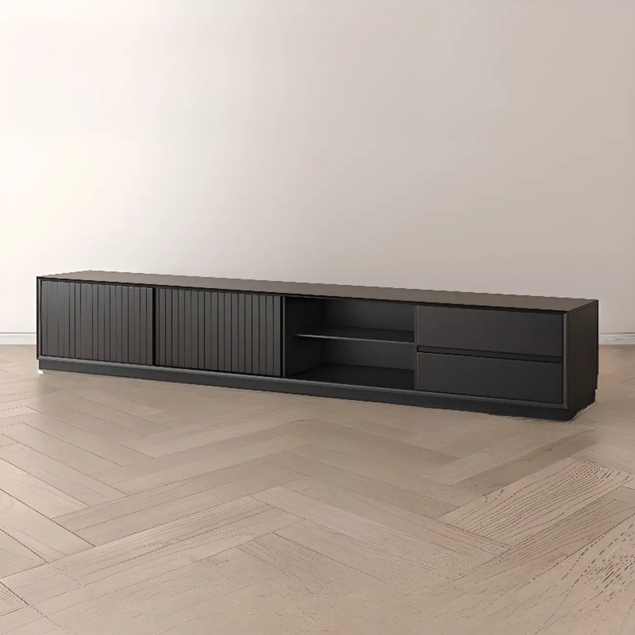 79 Wooden Black Open Storage TV Stand with Sliding Doors