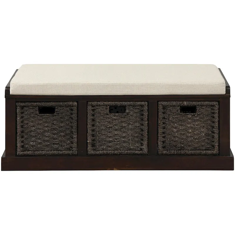 Entryway Bench with 3 Removable Classic Rattan Baskets - 43.7L x 15.7W x 17H