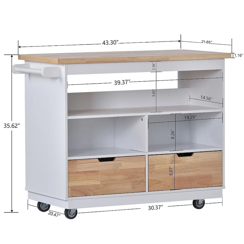 Kitchen Island on Wheels with Open Compartments and 2 Drawers