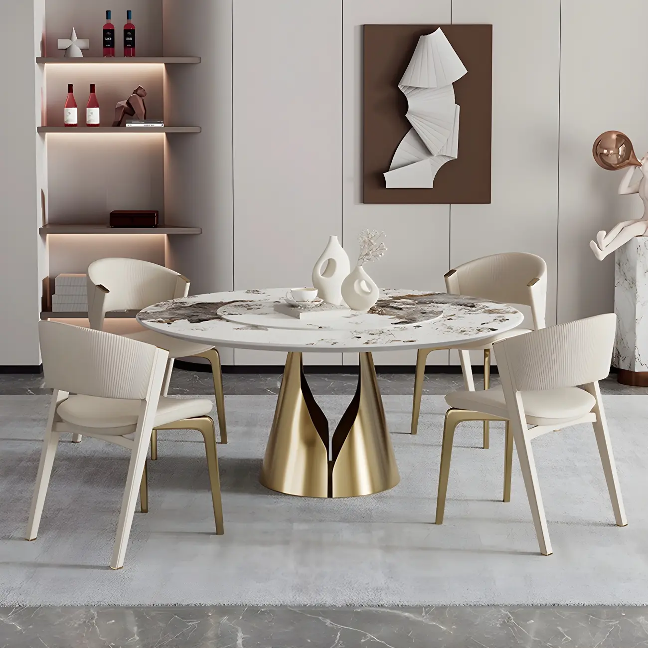 Off-White Faux Leather Brass Legs Dining Chair