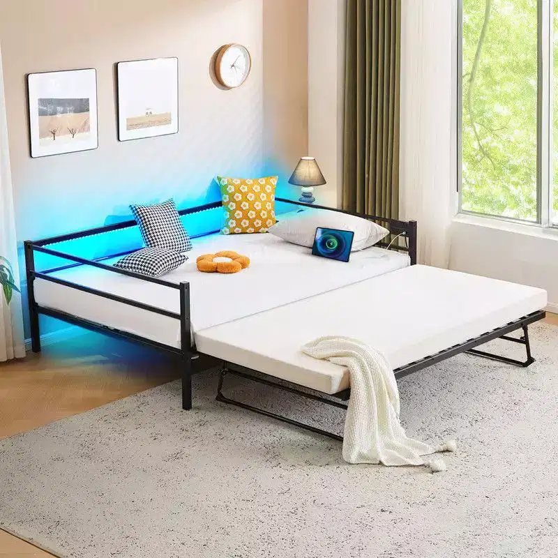 Karl Home Twin Size Heavy Duty Metal Day Daybed With Pop Up Trundle, No Box Spring Needed,White