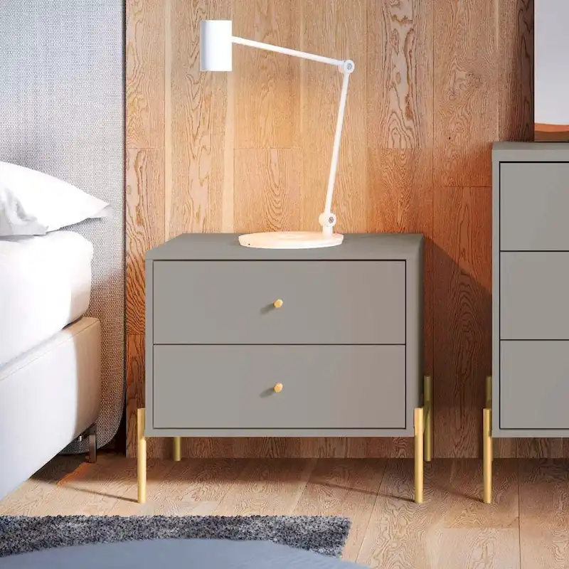 Modern White Gloss Nightstand with 2 Drawers & Gold Steel Legs