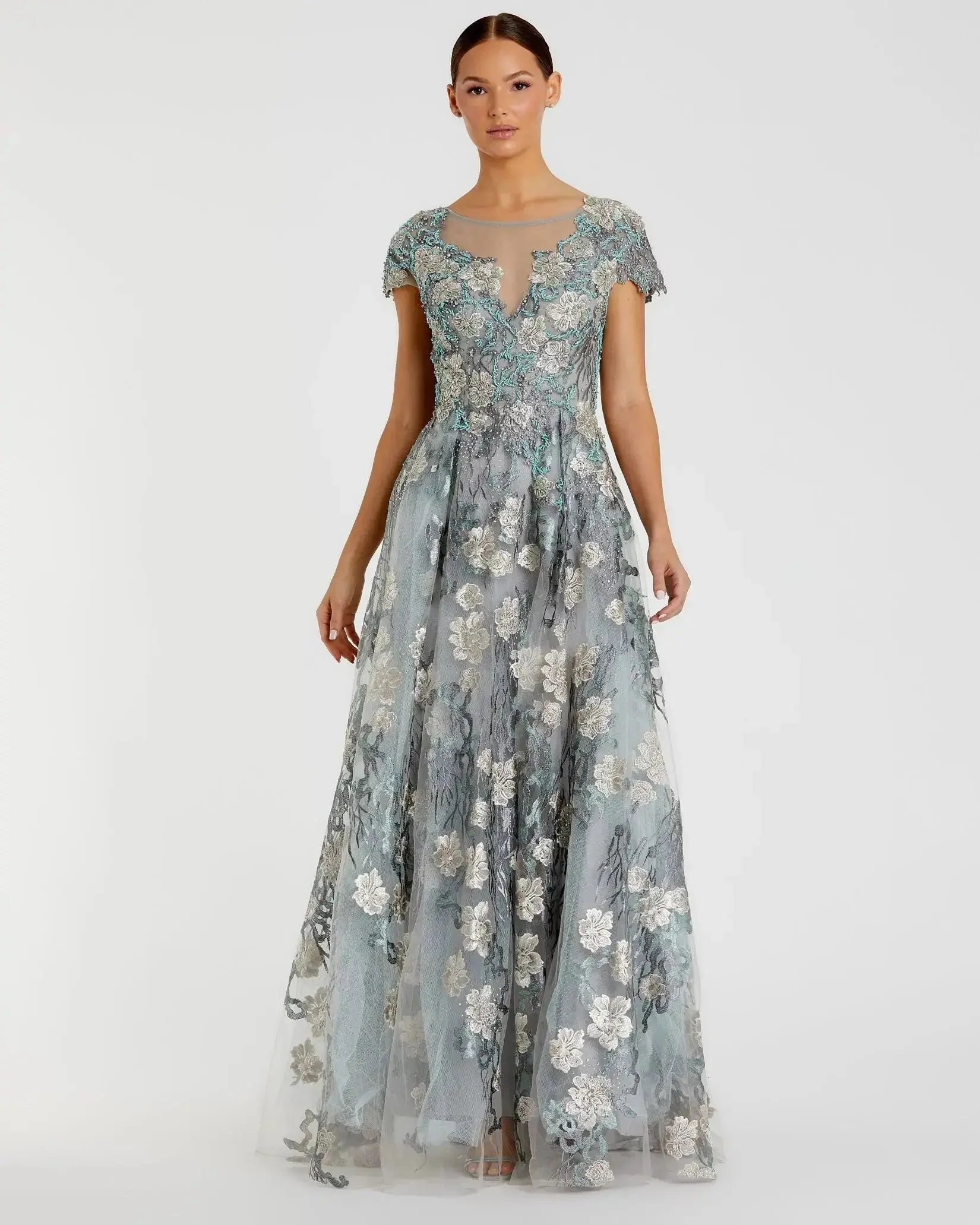 Floral Embroidered Cap Sleeve Evening Gown