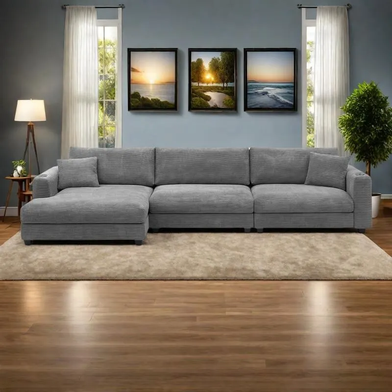134 Corduroy Sectional Sofa with L-Shaped Cloud Couch and USB Charging & 50 Chaise (330lb Capacity)