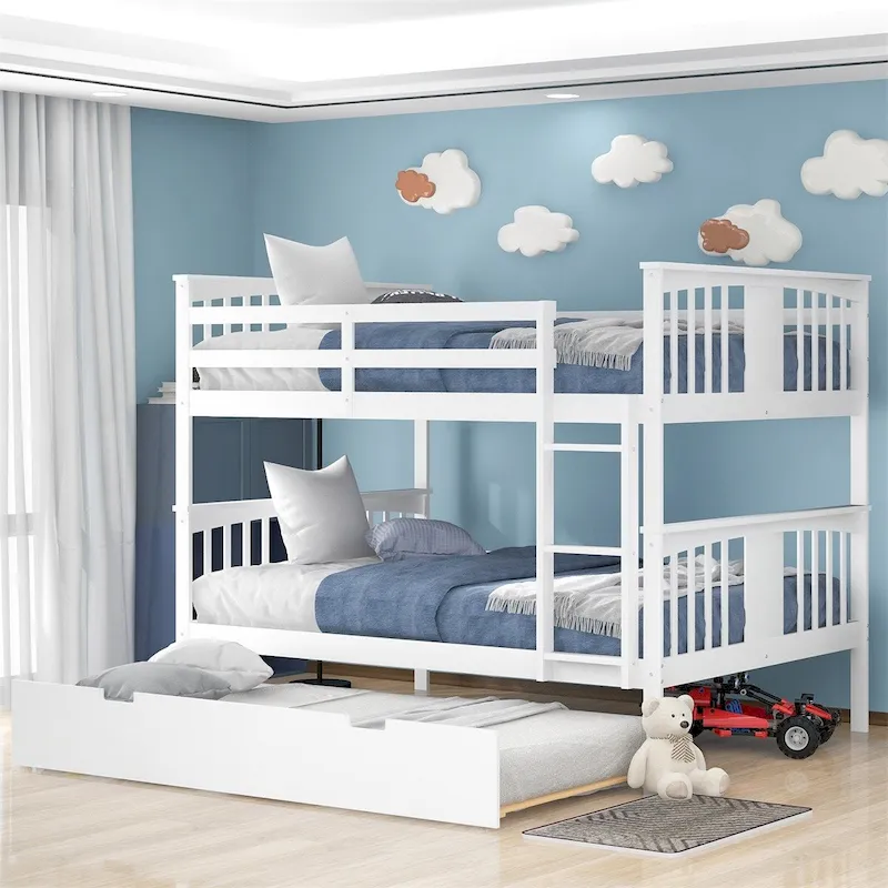 White/Espresso/Grey Full-over-Full Bunk Bed with Twin Trundle, Sleeps 3
