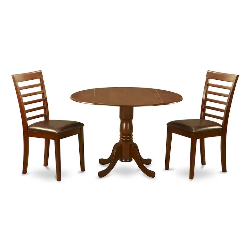 East West Furniture 3 Piece Modern Table Set- A Round Table with Dropleaf and 2 Kitchen Dining Chairs, Mahogany (Seats Option)