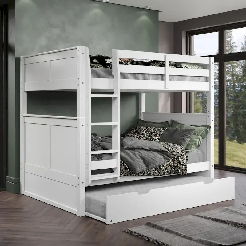 Grey / White Solid Wood Full over Full Bunk Bed with Twin Trundle & Panel Headboard – 3-Sleeper