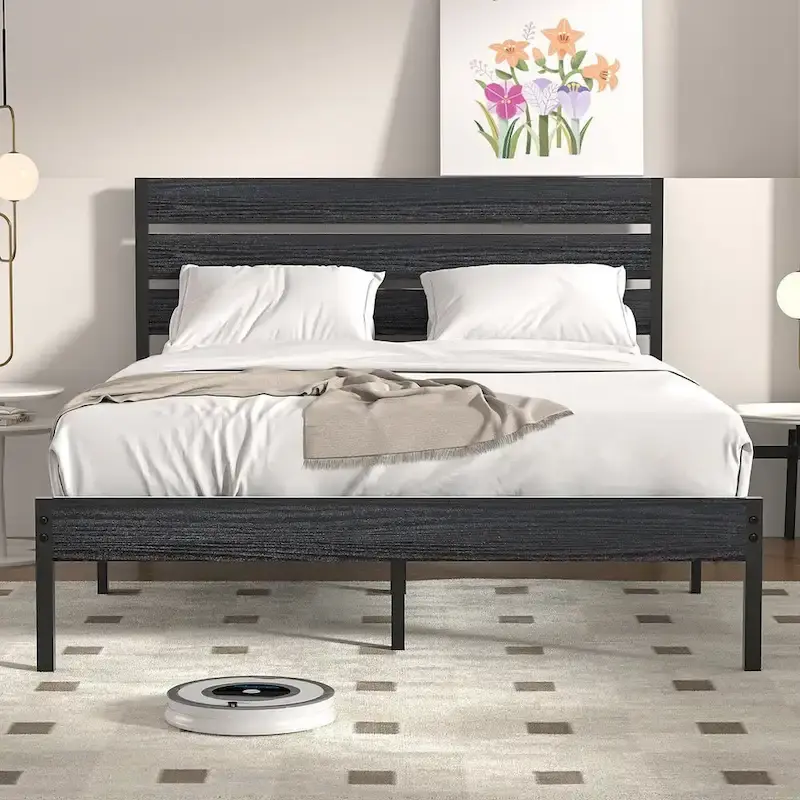 Black Platform Bed Frame with Wood Headboard