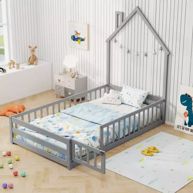 Costway Twin Size Montessori Floor Bed for Toddler with Lockable Door Full-Length Guardrail Gray/White