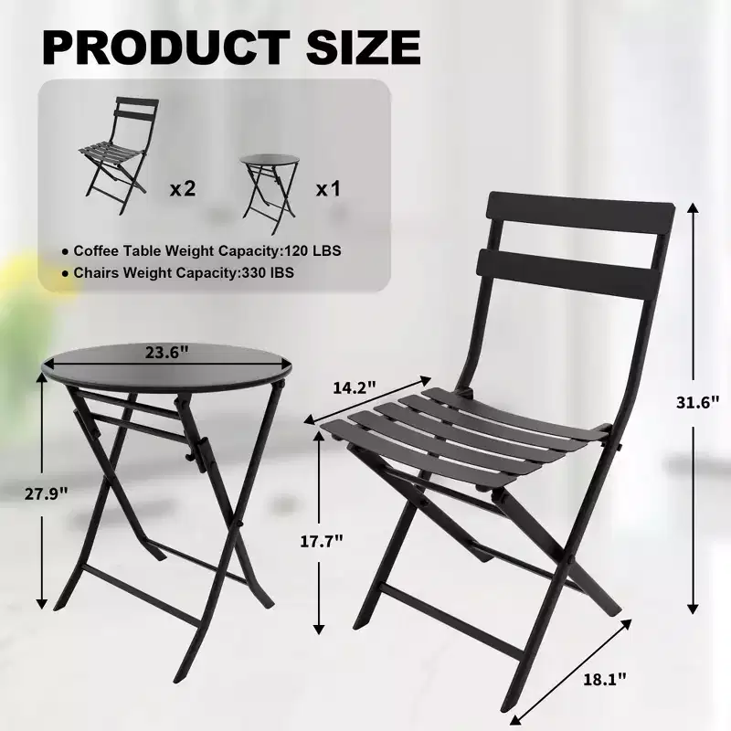 3-Piece Patio Bistro Set Folding Bistro Table and 2 Chairs Outdoor Furniture Sets with Premium Frame Space Saving Weather Resistant for Bistro Balcony