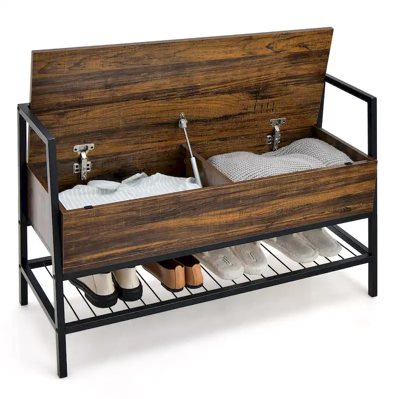 Industrial Shoe Bench Rack Organizer w/ Gas Lift & Hidden Storage Box