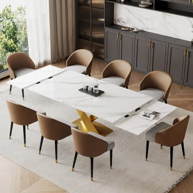 9 - Piece 94.48  Rectangular Extendable Sintered Stone Dining Table with 8 Faux leather Chairs Dining Set