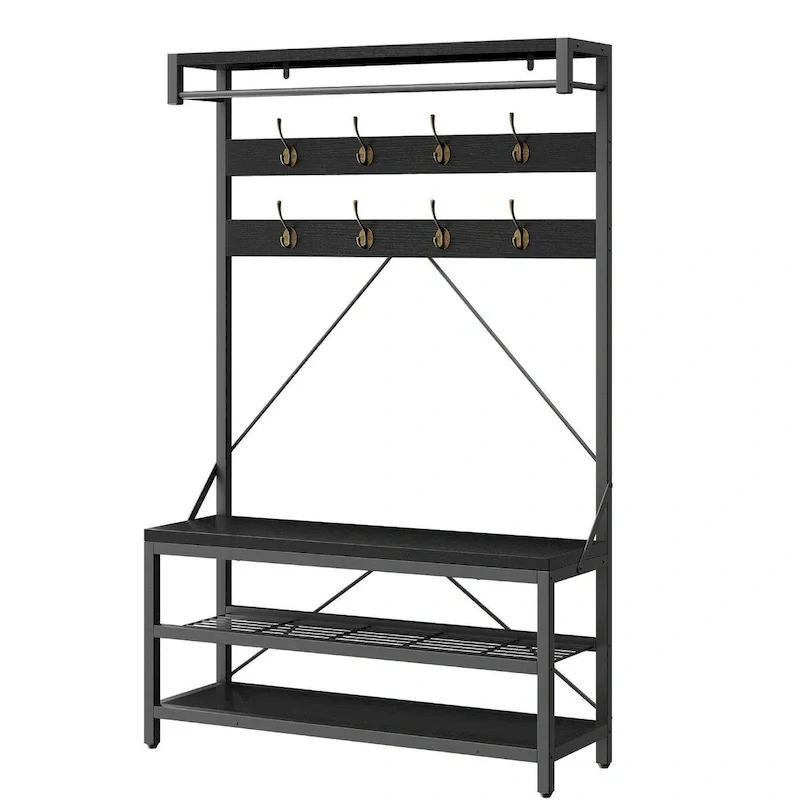 Black / Grey / Brown Industrial Hall Tree with Shoe Bench, 8 Hooks & 3 Storage Shelves, 1-Person