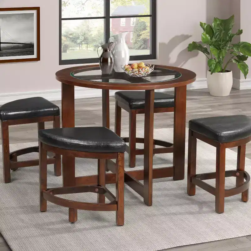GDFStudio Alden 5 Piece Modern Round Glass Top Dining Set with 4 Triangular Stools