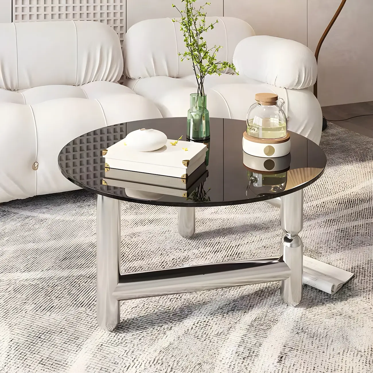 Round Glass Top Coffee Table with Stainless Steel Base