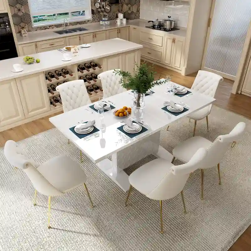 7-Piece Clihome High-gloss Extendable Table Velvet Chair Dining Set