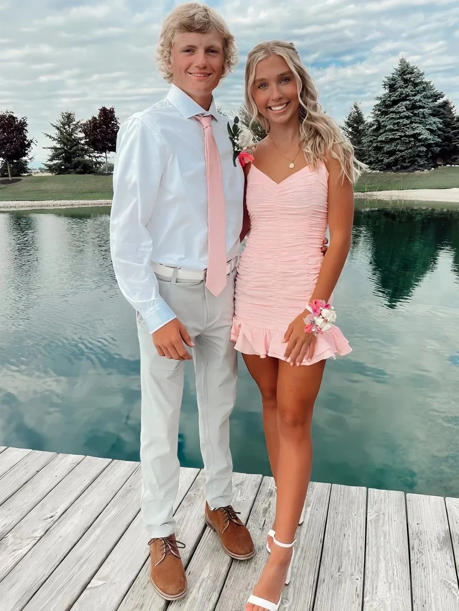 Pink - Spaghetti Straps Sheath Satin Pleated Homecoming Dress With Ruffles