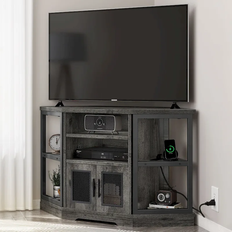 Moasis Farmhouse Corner TV Stand for TVs up to 55  Wood TV Media Console Entertainment Center