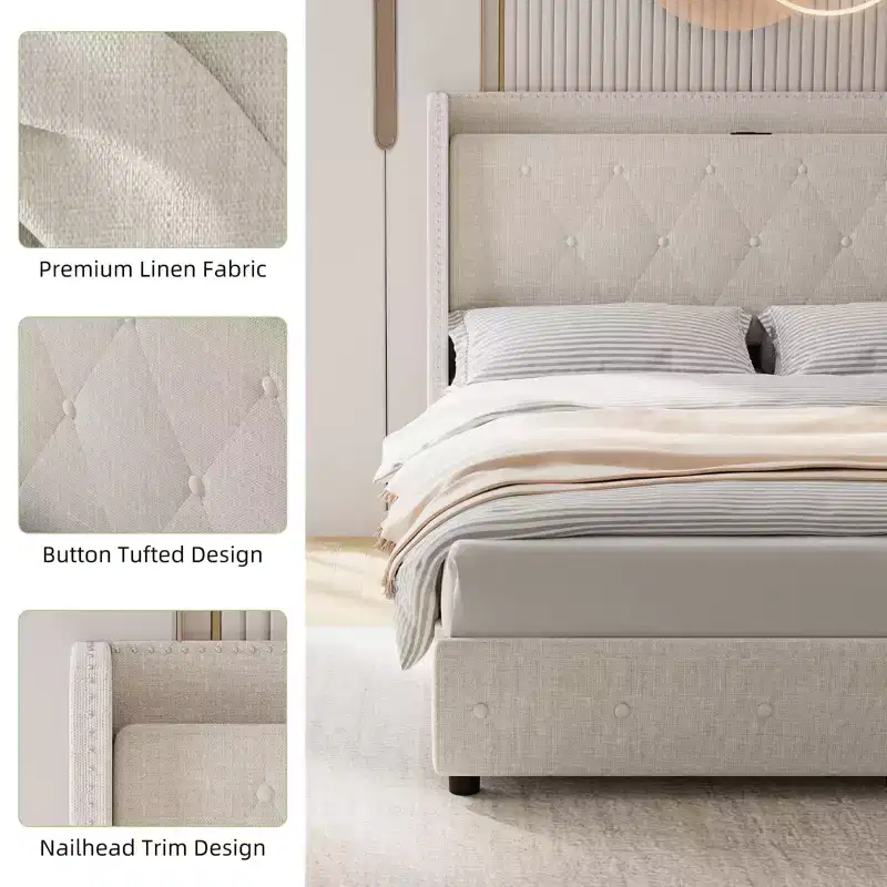 Full Size Upholstered Bed Frame with 4 Storage Drawers, Headboard Shelf & Charging Station, Wingback, Platform, Noise-Free, No Box Spring Needed