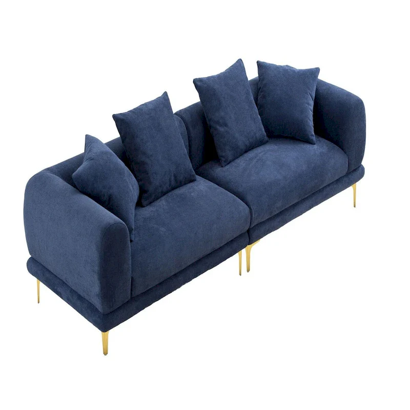Fabric Sofa with Recessed Arms & Metal Legs – Blue / Beige, Mid-Century Modern, Seats 4
