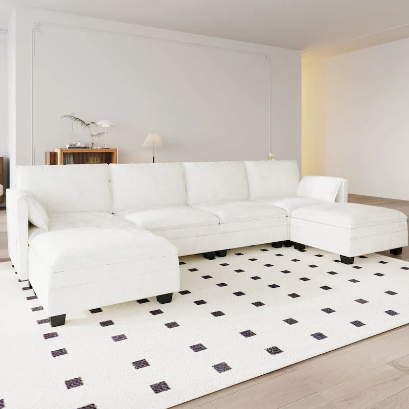 Christopher Knight Home - Noah 141.5  U-Shaped 6-Seater Sofa Couch with Movable Ottoman and Armrest Pockets, Fabric Upholstery