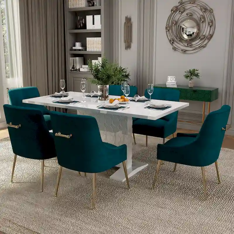 7-Piece Clihome High-gloss Extendable Table Velvet Chair Dining Set