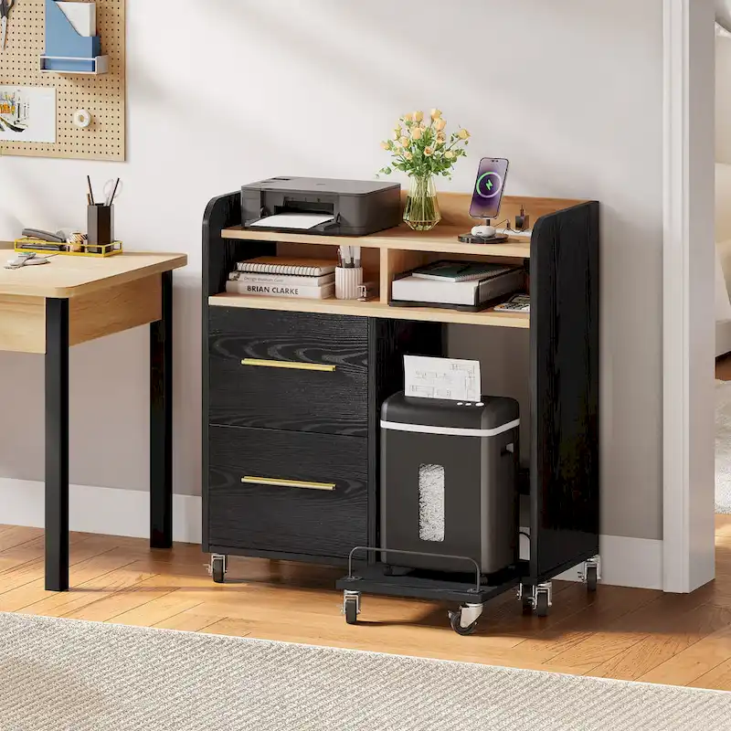 White & Black 2-Drawer Rolling File Cabinet with Charging Ports