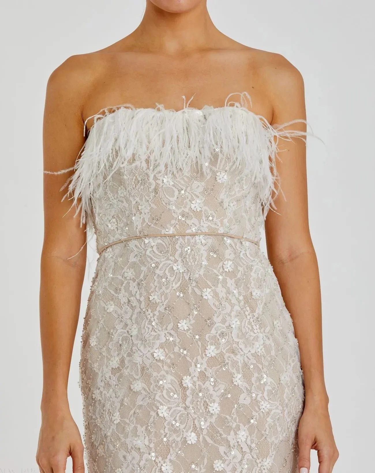 White and Beige Embellished Feather Strapless Column Dress